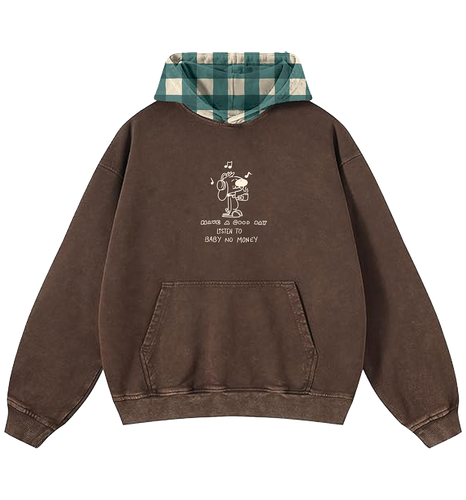 Brown Embroidered Checker Hood Hoodie